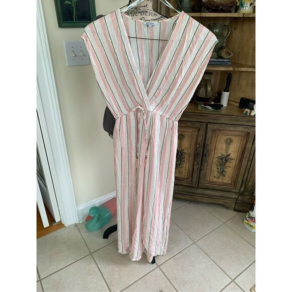 Blue Island Rose Pink White & Gold Metallic Thread Striped Maxi Dress - Picture 1 of 9